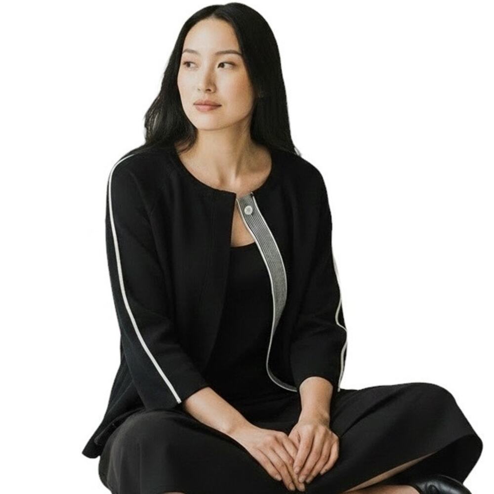 Kinross Lori K Black Cotton White Striped Cardigan Sweater